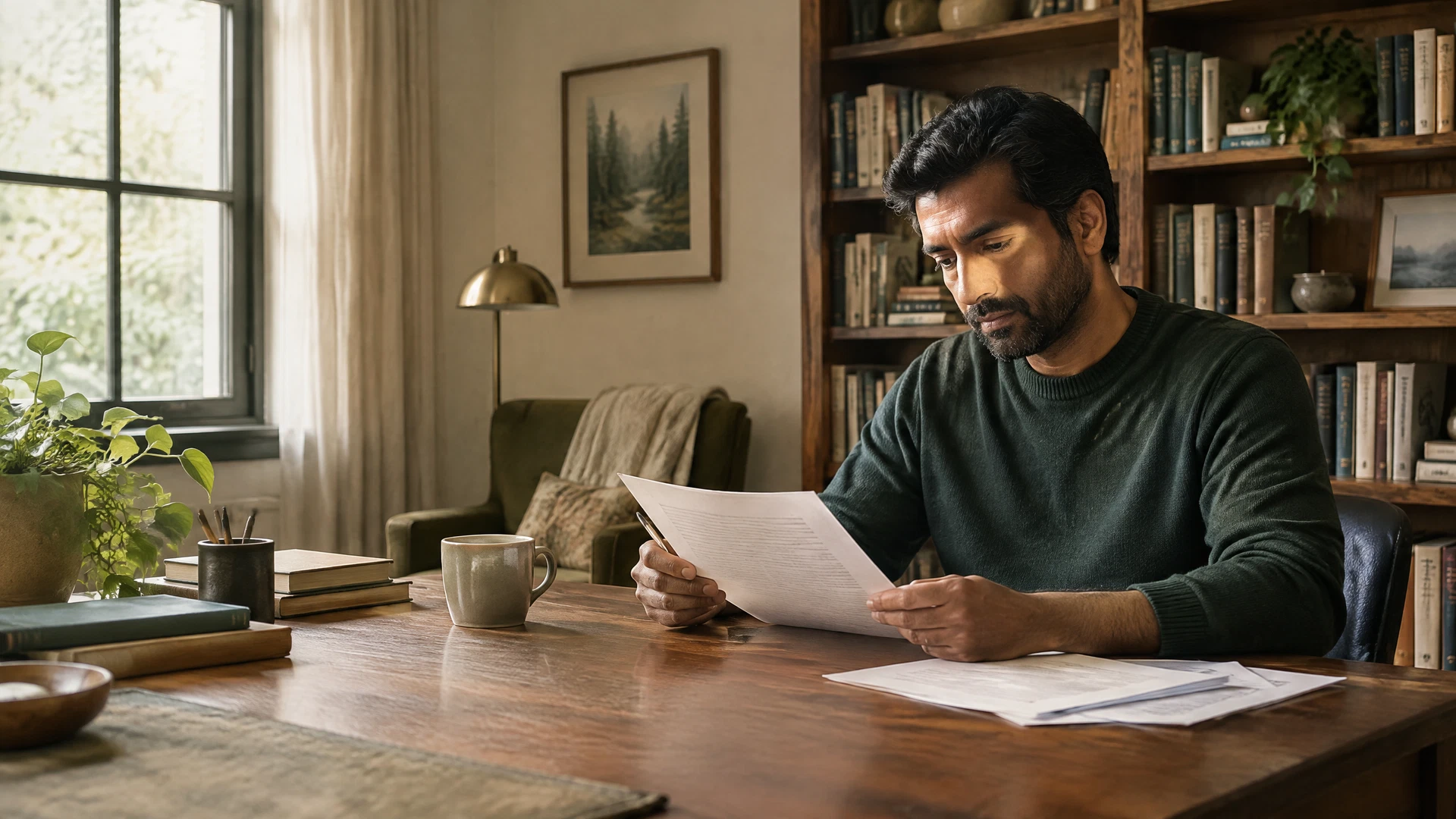 Adult man reading a printed wellness article at a quiet desk